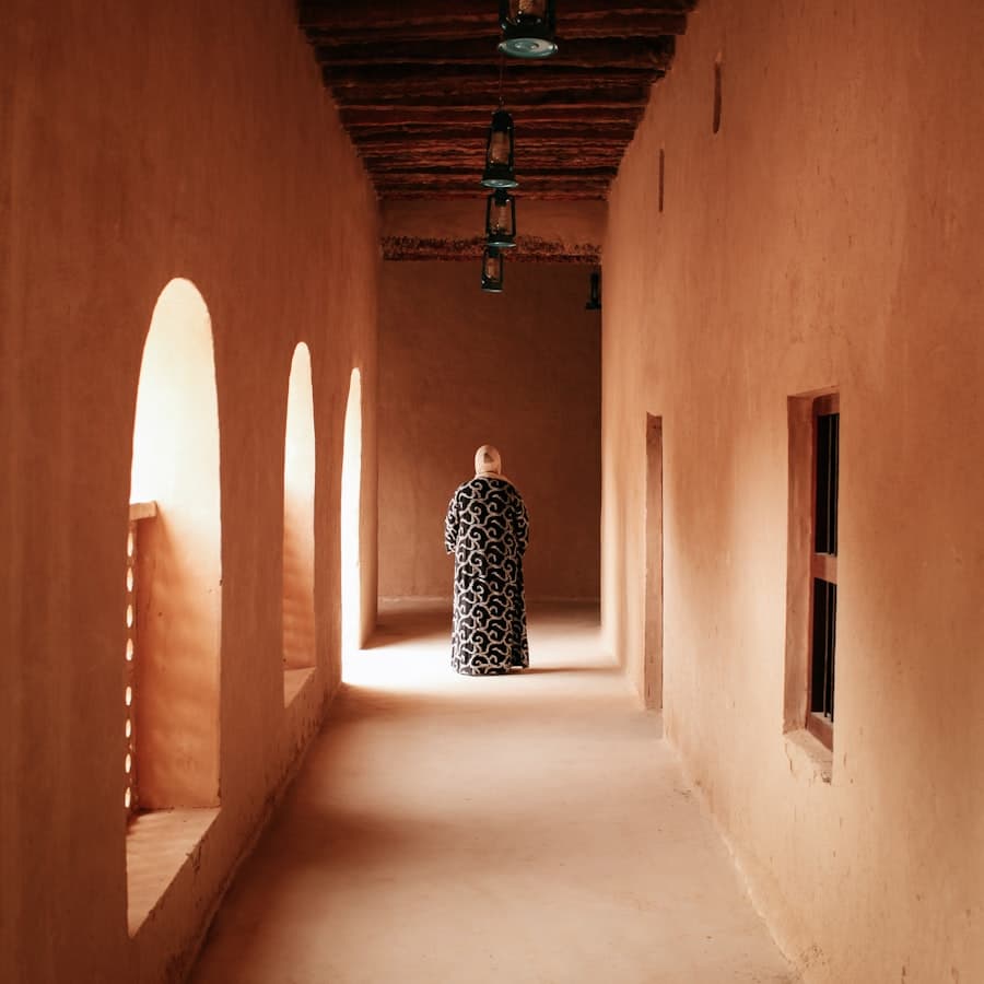 Campaign photography in a sunlit corridor
